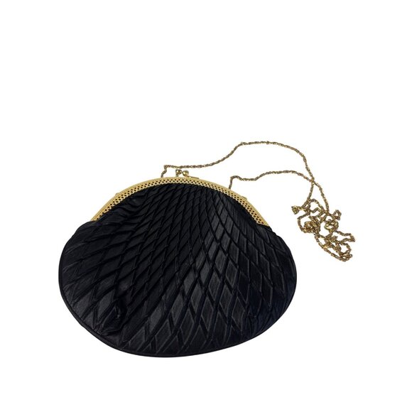 Vintage Y2K 90s Claire's Black Satin Quilted Round Evening Clutch Bag Goldtone C - Picture 1 of 6